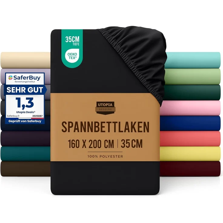 Utopia Bedding - Spannbettlaken 160x200 cm - Schwarz - Oeko-Tex Zertifiziertes Gebürstete Polyester-Mikrofaser Spannbetttuch - 35 cm Tiefe Tasche – Bild 1