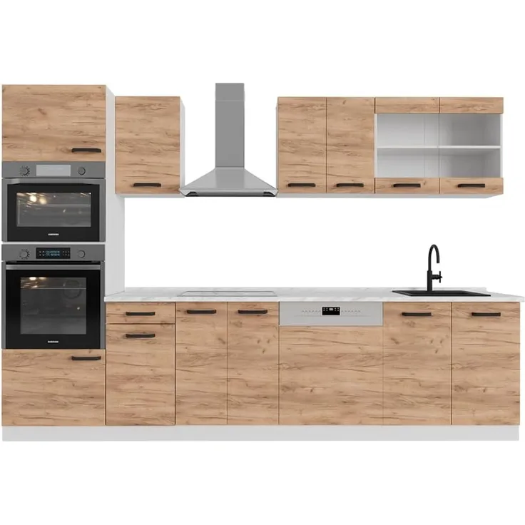 Küchenzeile R-Line Goldkraft Eiche/Weiß 300 cm AP Anthrazit Vicco