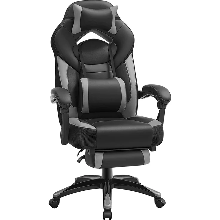 Songmics Gaming Stuhl mit Fußstütze, ergonomisches Design, verstellbare Kopfstütze, Lendenstütze, bis zu 150 kg belastbar, Schwarz-Grau