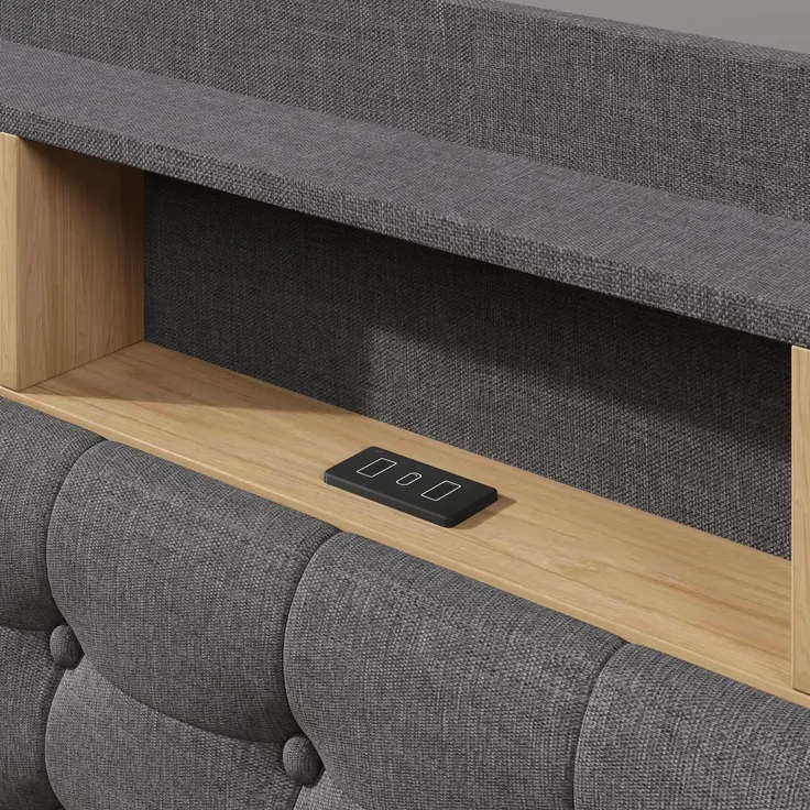 Polsterbett mit LED-Streifen, Type-C, USB und Stauraum, in schwebender Optik, gepolsterter Kopfteil, 180x200 cm, Doppelbett, Stauraumbett, Leinen – Bild 10