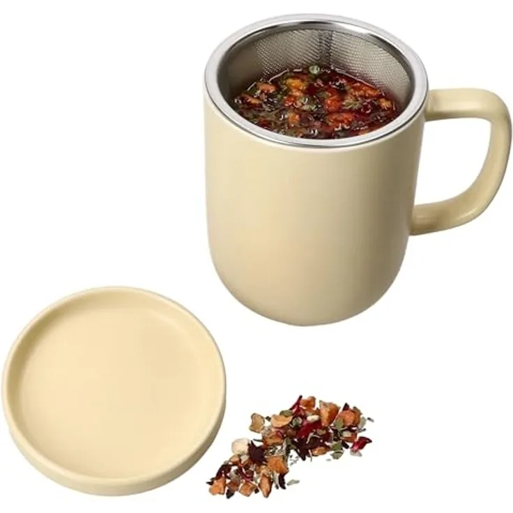 Ritzenhoff & Breker Becher Ritzenhoff Jasper Vanille Teebecher mit Teesieb & Deckel 300ml, Steingut