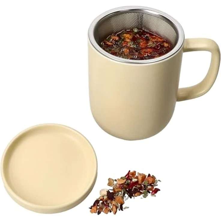 Ritzenhoff & Breker Becher Ritzenhoff Jasper Vanille Teebecher mit Teesieb & Deckel 300ml, Steingut – Bild 1