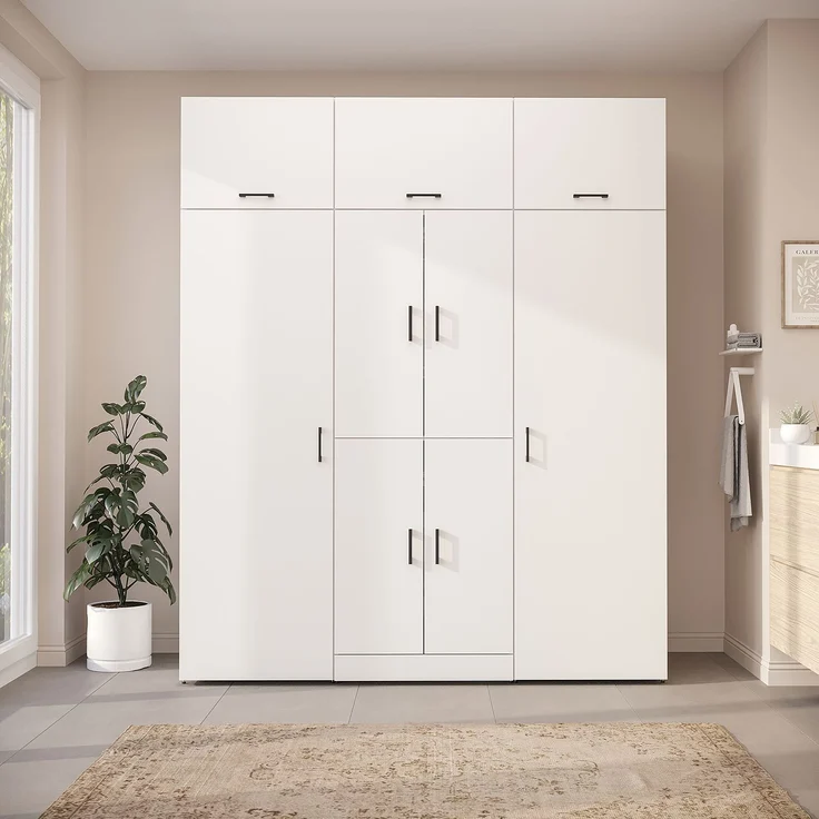 Roomart Waschmaschinenschrank - DORA-I- 190 cm breit - Wasch- & Trocknerschrank mit 2 Hochschränken, Türen & Ausziehbrett, Waschmaschinen-Überbau für Waschküche & Hauswirtschaftsraum • Weiß – Bild 2