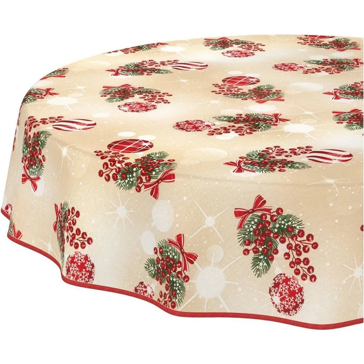 ANRO Tischdecke Weihnachten abwaschbare Weihnachtstischdecke (Einzelstück 1-tlg), Schmutzabweisend Weihnachten Beige Rund 100cm