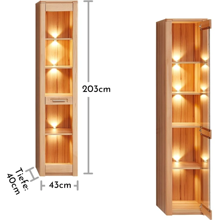 Standvitrine >Nature One< 1 Tür, mit LED, FSC, Kernbuche teilmassiv - 43x203x40cm (B/H/T) – Bild 4