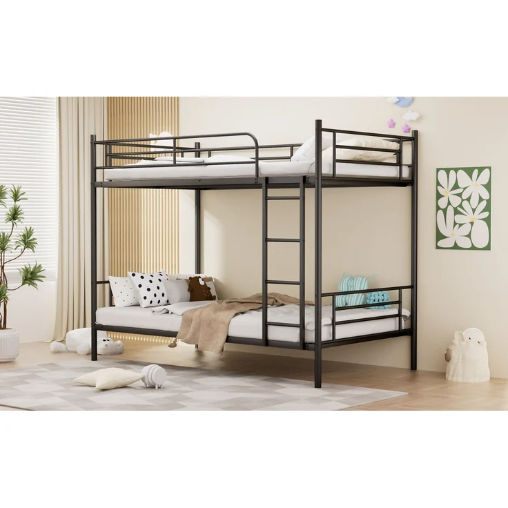 Etagenbett 90×190 cm mit Absturzsicherung und Leiter, Metall, Schwarz, ohne Matratze – Bild 4