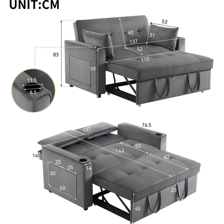 Multifunktions-Schlafsofa Samt Grau, 3-fach verstellbar mit Getränkehalter, 137x76,5x83 cm – Bild 9
