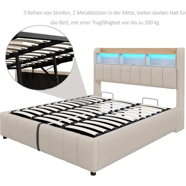 Ball & Cast Polsterbett (180x200 cm) mit USB-Anschluss und Lichtleiste, Hydraulische Lagerfunktion + Weicher Kantenschutz, Einfach & Zeitsparend Montierbar, Leinenstoff Beige – Bild 8