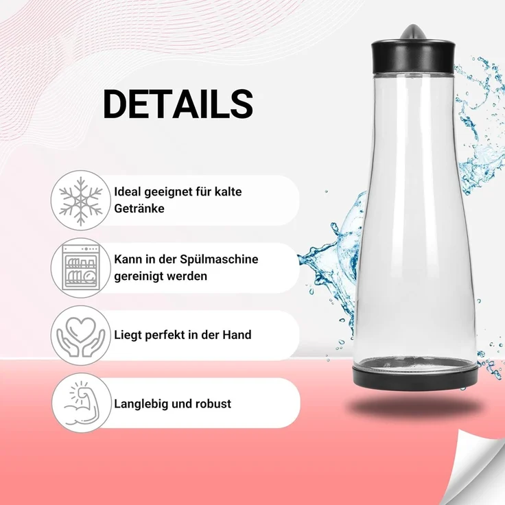 elasto Wasserkaraffe 1 Liter Karaffe mit Deckel und praktischem Ausgießer für zu Hause – Bild 2