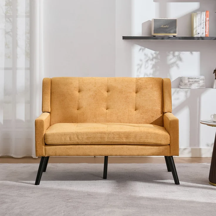 LVHOM 2-Sitzer Sofa aus Leinenstoff mit Knopfsteppung, Loveseat mit hochdichter Schaumstoffpolsterung und Massivholzbeinen, Stoffsofa für Wohnzimmer & Büro, bis 260kg, Gelb – Bild 6