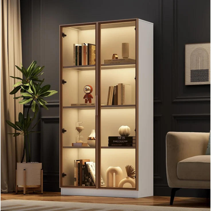 DESVIAE Vitrine mit LED-Beleuchtung, 80x160x40 cm, Spanplatte und braunes Glas, Weiß – Bild 3
