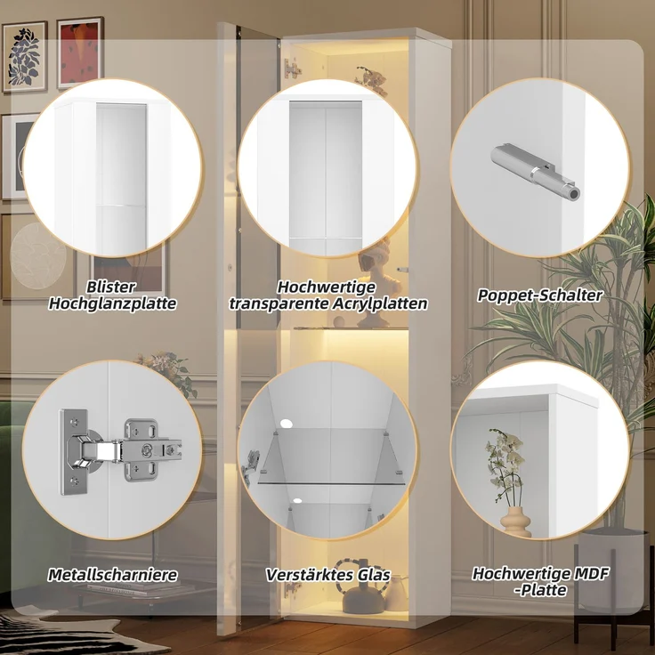 ZUBALIYA Vitrine, mit LED-Beleuchtung, mit App-Steuerung, mit Glasböden, wandmontierbar, H 170 × T 40 × B 29 cm, Weiß, Spanplatte – Bild 12