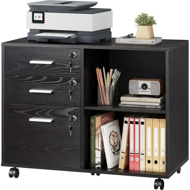 DEVAISE Aktenschrank Rollcontainer mit 3 abschließbaren Schubladen & offenem Fach, (80×40×63 cm) mobiler Aktenschrank auf Rollen, Hängeregistratur Letter – Bild 1