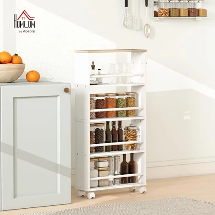 HOMCOM Servierwagen mit 4 Etagen Küchenwagen mit Rollen Griffe Allzweckwagen mit Bremsen schmal Küchenregal Küchenrollwagen für Küche Büro Badezimmer, Natur – Bild 2