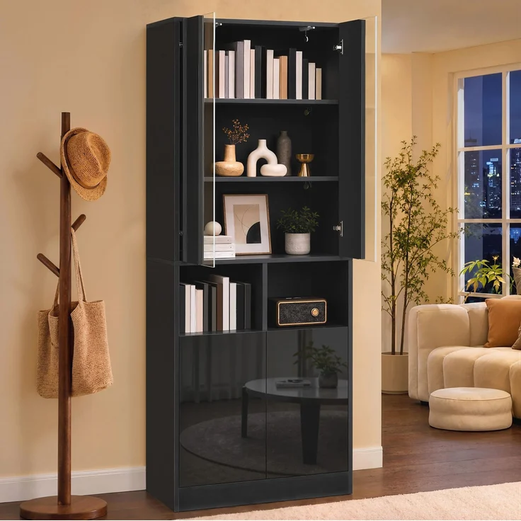 DESVIAE Garderobenschrank Hochschrank Schwarz aus MDF/Spanplatte – 70x180x35 cm – LED-Beleuchtung, Acryl-Sichtfenster – Bild 4