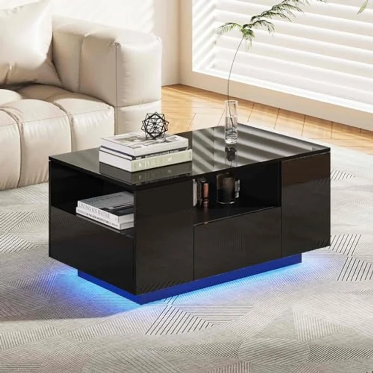 Makika LED Couchtisch mit Ablagefach und Schubladen, Holz schwarz, Hochglanz, 95 x 57 x 45 cm – Bild 2