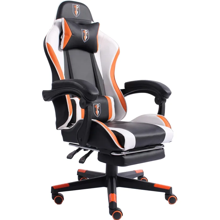 Gaming Chair im Racing-Design mit flexiblen gepolsterten Armlehnen - ergonomischer PC Gaming Stuhl in Lederoptik - Gaming Schreibtischstuhl mit ausziehbarer Fußstütze und extra Stützkissen Schwarz/Weiß-Orange