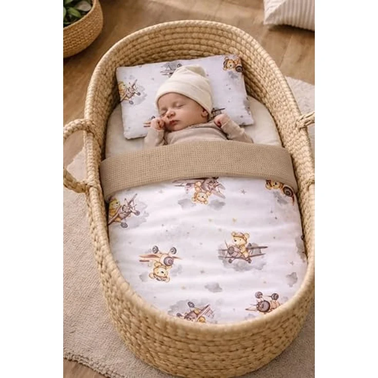 Babynest Nestchen Baby Set für Neugeborene – 5-teilig – Kuschelnest aus 100% Baumwolle & Waffelpique – Babykokon tragbar – für Babybett, Kinderbett & Kinderwagen – OEKO-TEX - Flugzeuge und Braun – Bild 4