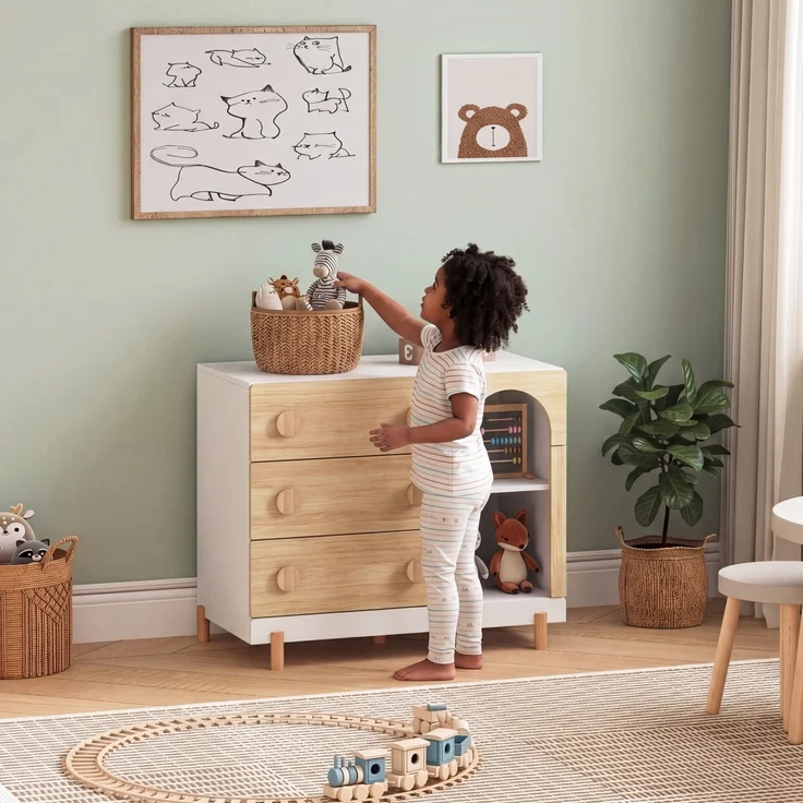 Kinderkommode Vaarentaa 3 Schubladen 2 Fächer Weiß/Eicheoptik [en. casa] – Bild 3