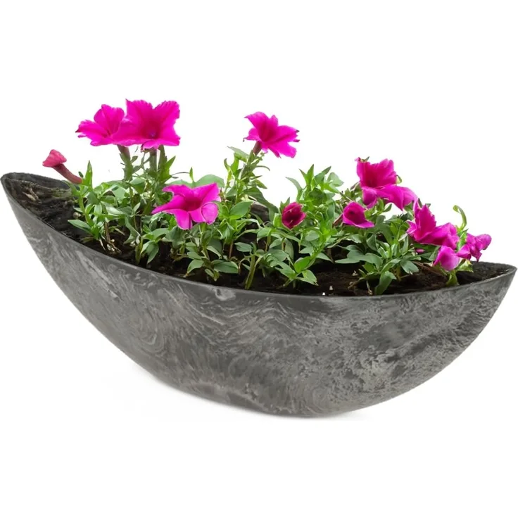 Ovale Pflanzschale für draußen - große Schiff Deko-Schale in schwarzer Stein-Optik als Blumen-Topf Pflanztopf - 55 cm Jardiniere für Garten Balkon oder Friedhof als Grab-Schmuck