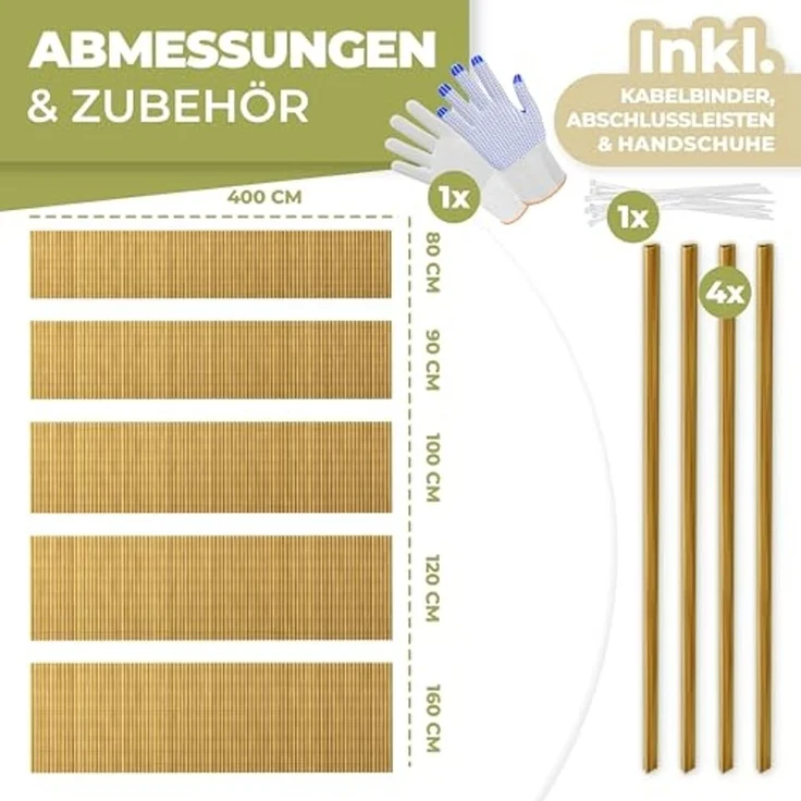 KESSER® PVC Sichtschutzmatte Sichtschutzzaun 100x400 cm Balkonverkleidung Windschutz verstärkte Lamellen für Garten Balkon & Terrasse Balkonumrandung inkl Kabelbindern, Abdeckung & Handschuhe Bambus – Bild 7
