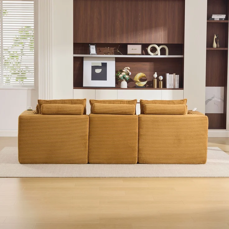 Modulares 3-Sitzer Sofa mit Hocker, B 256 x T 161 x H 75 cm, aus orangefarbenem Cord – Bild 4