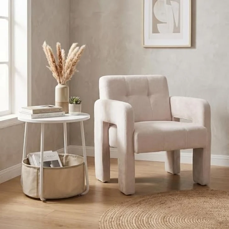 FurnitureR Relaxsessel mit Beistelltisch und Aufbewahrungskorb, Moderner Einzelsessel mit Armlehnen und Rundem Couchtisch 45 cm, Wohnzimmer Möbel Set im Minimalistischen Design, Beige – Bild 1