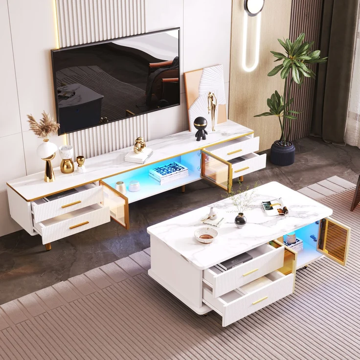 TV-Lowboard aus Spanplatte mit LED & Glasfront, 170x37x47,5 cm, Weiß – Bild 9