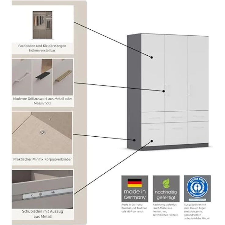 Rauch Möbel Dundee, Kleiderschrank, Schrank, Garderobe, Organizer, 4-türig, 8 Schubladen, Farbe Weiß, Holzgriff Eiche Massiv, 181 x 197 x 54 cm – Bild 6