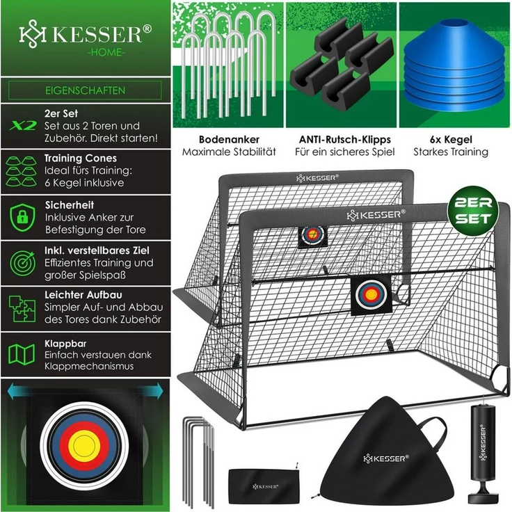 KESSER Pop-Up Fußballtor, 2er Set, mit Transporttasche, 6x Hütchen, Ballpumpe & Zielscheibe, Glasfaserstangen, 120x90 cm, Anthrazit – Bild 2