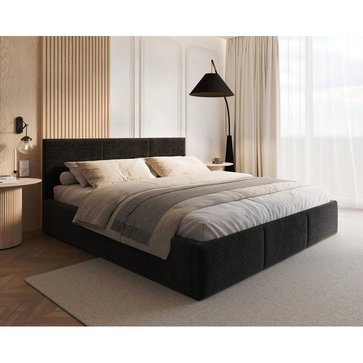 thematys Polsterbett mit Bettkasten & Lattenrost – Stauraumbett Cord 180x200cm, mit 23 cm Taschenfederkern-Matratze H2, Schwarz – Bild 2