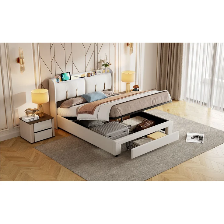Pressure bed with storage function, light strip and USB charging port, double bed 140 * 200cm beige velvet European standard charger – Bild 6