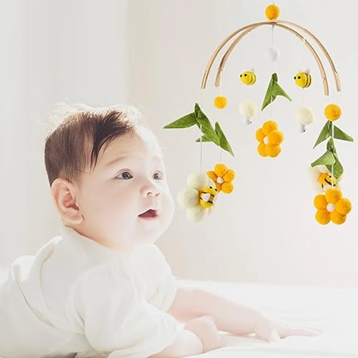 Herfair Mobile Baby Windspiele mit Filzbällen - Frische Blumen und Bienen, Kinderzimmer Hängende Bettglocke, für Babybett Wickeltisch Deko (Gelb) – Bild 5