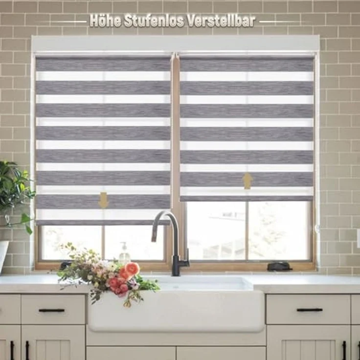 Deswell Doppelrollo Klemmfix ohne Bohren Marmor-Grau B50 x H130 cm (Stoffbreite 46cm) Rollos für Fenster ohne Bohren für Fenster mit Lichtdurchlässig & Verdunkelnd/Höhe Stufenlos Verstellbar – Bild 2