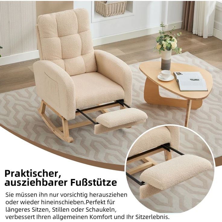 Schaukelstuhl Lammfell-Optik Beige mit hoher Rückenlehne und Armlehnen, ergonomischer Relaxsessel mit Massivholzgestell – Bild 6