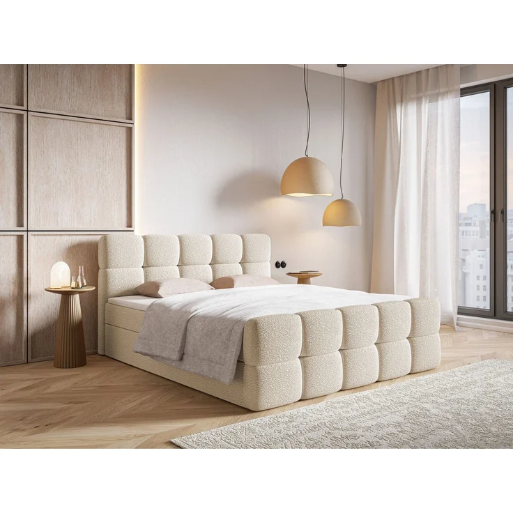Selsey 'Cloudy' Boxbett mit Bettkästen, Matratze, Topper, Bouclé-Bezug, hellbeige, 180x200 cm – Bild 3