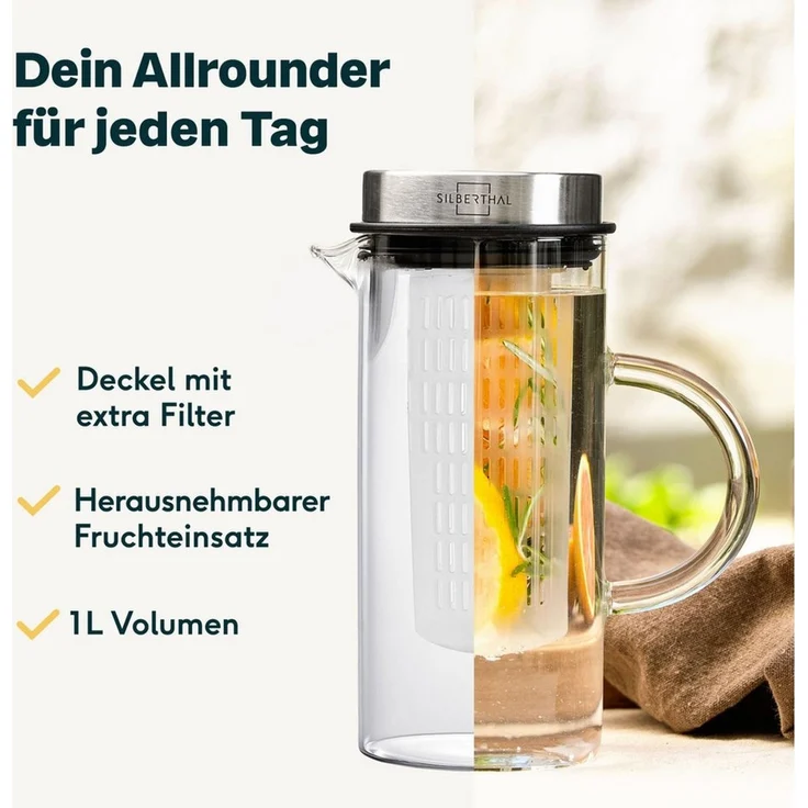 SILBERTHAL Wasserkaraffe aus Glas mit Deckel, (1-tlg), für Kalt- & Heißgetränke – Bild 3