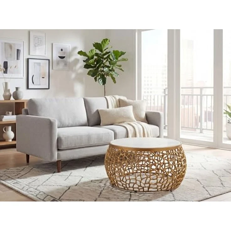 Design Metall Couchtisch Gold mit weißer Marmor Tischplatte 60 cm rund - Aluminium Wohnzimmertisch Modern - Loungetisch Alu Beistelltisch Wohnzimmer Handmade – Bild 4