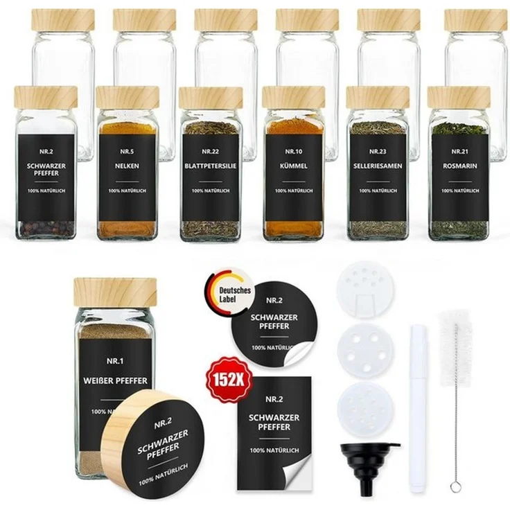 BBWL Pfefferstreuer Gewürzgläser Set eckig 120 ml mit Zubehör, 12er, 24er oder 36er Set, (12-tlg), luftdichte Gewürzdosen aus Glas mit Etiketten für Schubladen&Organizer – Bild 4