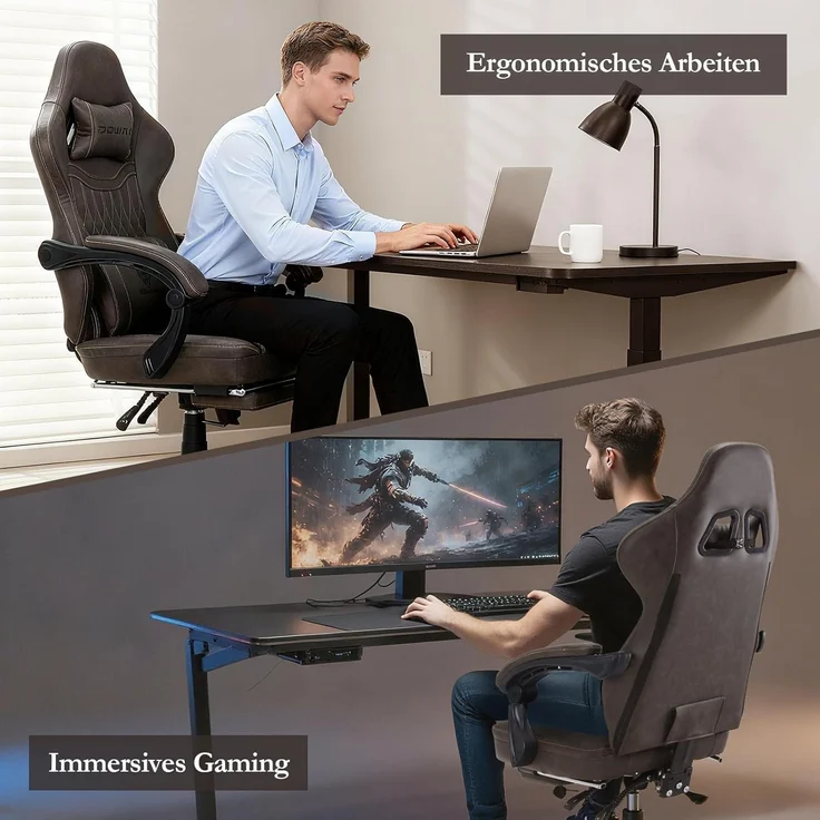 Gaming Stuhl mit Massage Lendenwirbelstütze, Fußstütze Braun PU Leder – Bild 6