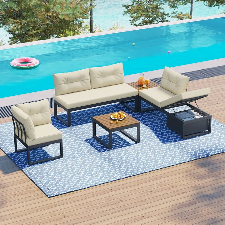 LVHOM Modulares 5-tlg. Gartenmöbel-Set, Gartensofa in L-Form mit verstellbarer Rückenlehne und Stauraum, Wetterfeste Sitzgruppe für Terrasse, Beige – Bild 9