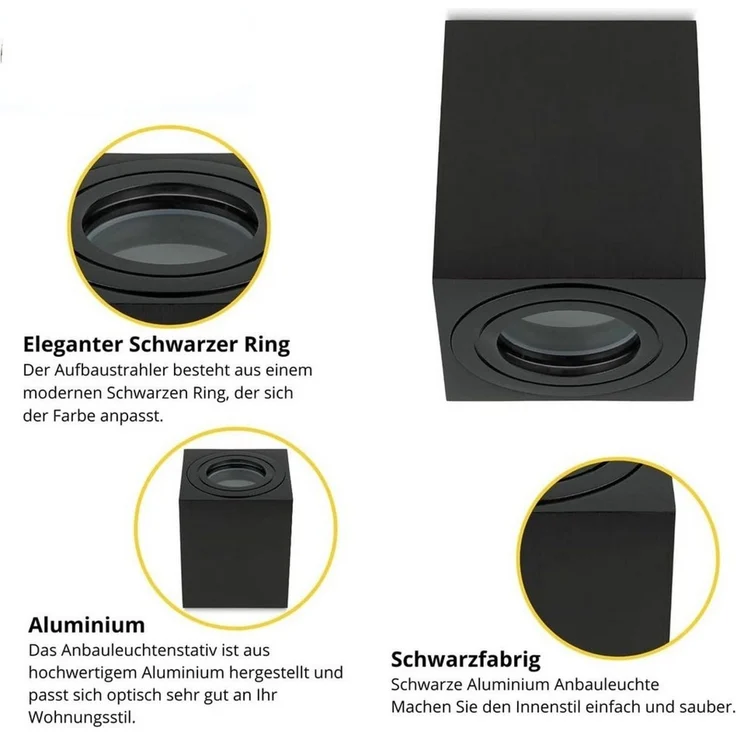 Sweet LED Aufbauleuchte 4er Set GU10 für Bad & Küche IP44 Deckenspots eckig schwarz 230V, spritzwassergeschützt, ohne Leuchtmittel, Aufbaustrahler LED, Aufbauspot, Deckenleuchte – Bild 3
