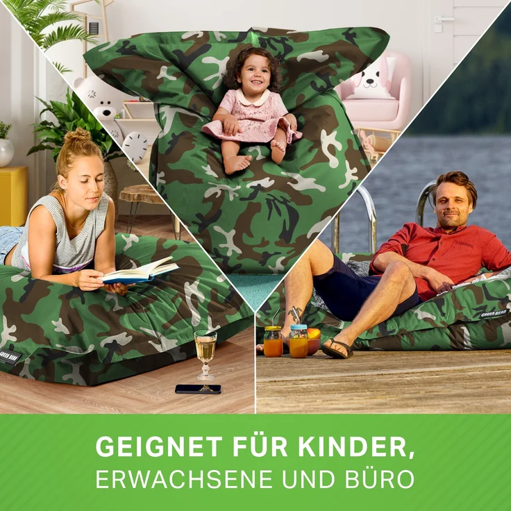 Green Bean® Sitzsack XXL 140x180cm 380 Liter Kinder & Erwachsene Bean Bag EPS Perlen Füllung Outdoor Riesensitzsack - waschbares und wetterfestes Lounge Sitzkissen - Camouflage Grün – Bild 3