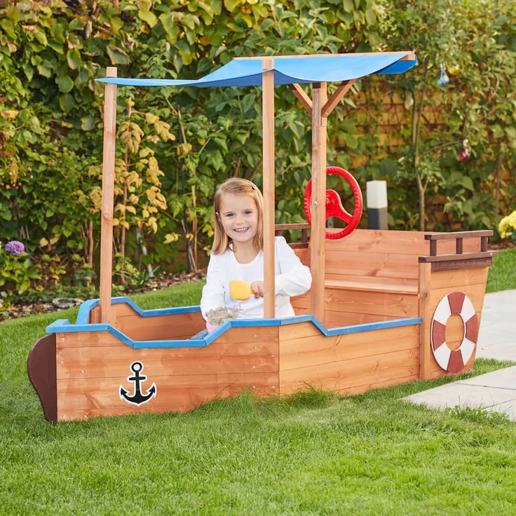 Home Deluxe 'Boot' Sandkasten inkl. Sonnenschutz und Bodenplane, Holz natur / blau, 103 x 78 x 160 cm – Bild 3