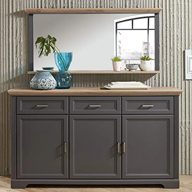 Sideboard und Spiegel Set JÜLICH-36 in Graphit-Grau und Artisan Eiche Nb. B/H/T: ca. 166/190/48 cm