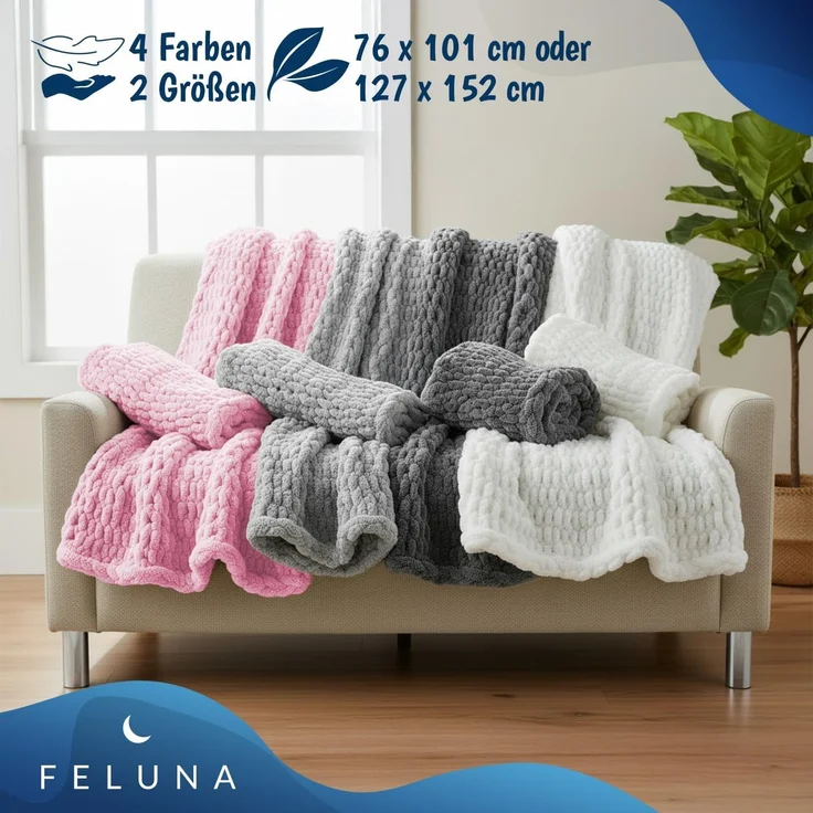 Wohndecke Grobmaschige Wohlfühldecke, Feluna, Flauschige Kuscheldecke Grobstrick Tagesdecke – Bild 7