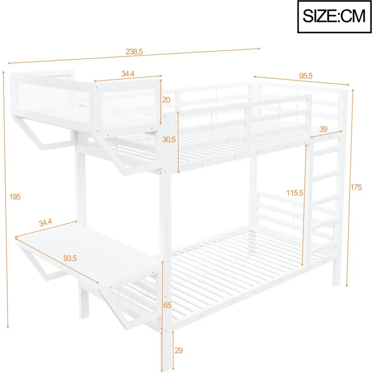 ZUBALIYA Metall-Etagenbett (90 x 200 cm) mit Schreibtisch und Ablagefächern, Lattenrost, platzsparendes Hochbett für Kinder, Jugendliche und Erwachsene, Weiß – Bild 6