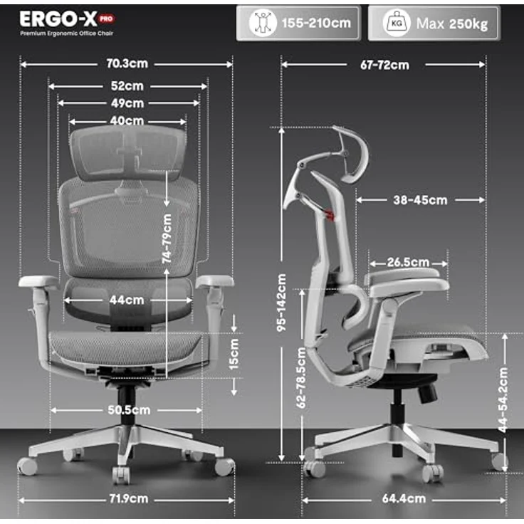 FLEXISPOT ErgoX Pro Ergonomischer Bürostuhl, 12-stufige Höhenverstellung, 7D-Armlehnen, 5D-Lendenstütze, 4D-Kopfstütze, 250 kg Belastbarkeit, Netzsitz, Grau – Bild 2