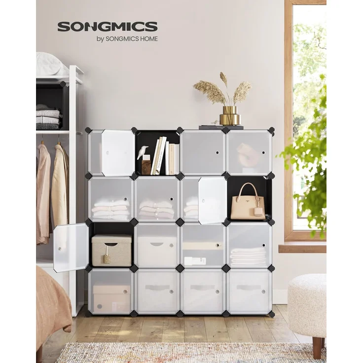 Songmics Regalsystem, Schuhregal, Set aus 16 Würfeln, Kleiderschrank aus Kunststoff, mit Türen, Steckregal, Aufbewahrung von Kleidung, Schuhen und Büchern, einfache Montage, schwarz LPC44HS – Bild 2