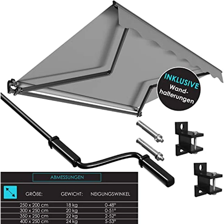 KESSER® Gelenkarmmarkise Markise Gelenkmarkise 300x250 cm Terrassenmarkise Klemmmarkise Sonnenmarkise inkl. Wandhalterung Sonnenschutz Balkonmarkise wasserabweisend Alu/Polyester, Grau – Bild 8